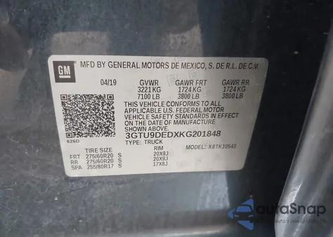 2019 GMC Sierra 1500 Slt z USA, uszkodzony, nr VIN 3GTU9DEDXKG201848